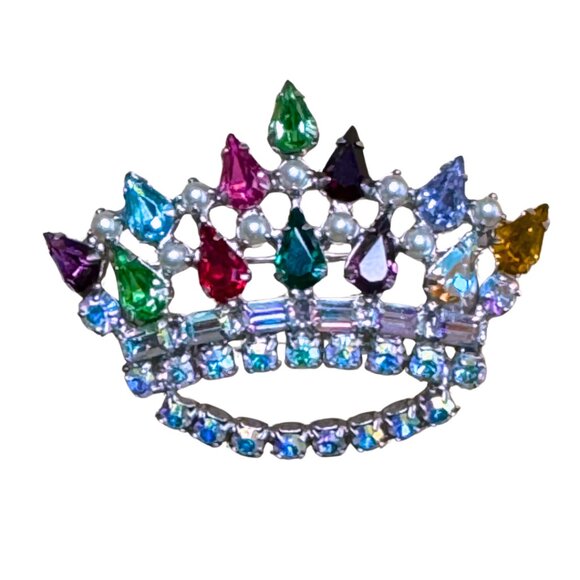 B David Jewelry - B David Signed Crown Colorful Pronged Rhinestone Brooch Vintage